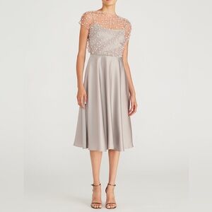 $745 NWT Theia “Lori” Glimmer Satin Midi Dress with pearls in Silver Shade Sz 4